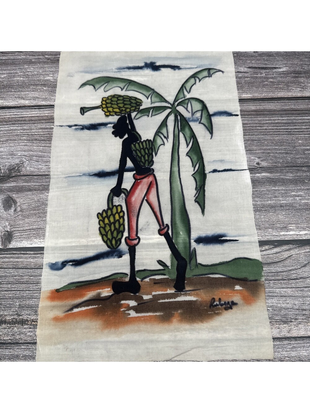 African Scene on Canvas 15 X 6 in H Silhouettes Folk Style Ugandan,Signed
